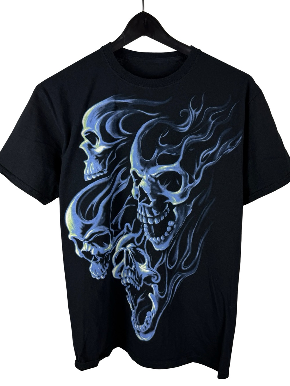 Mens Y2K Skull Pile Head Flame Grunge Punk Black Graphic Shirt Size L